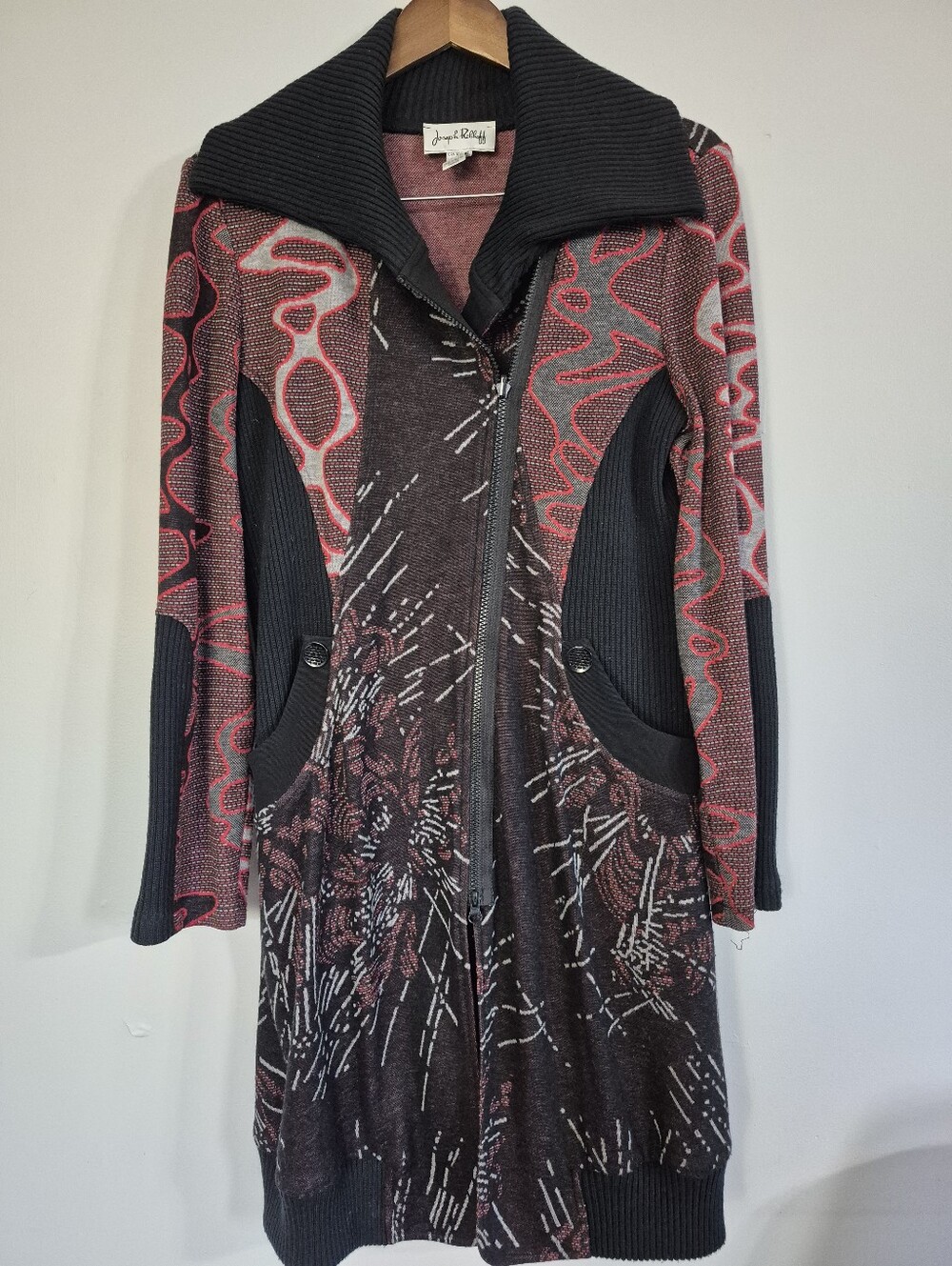 Joseph Ribkoff Retro Multi Pattern Long Line Sweater Jacket Size 16 - Picture 9 of 10